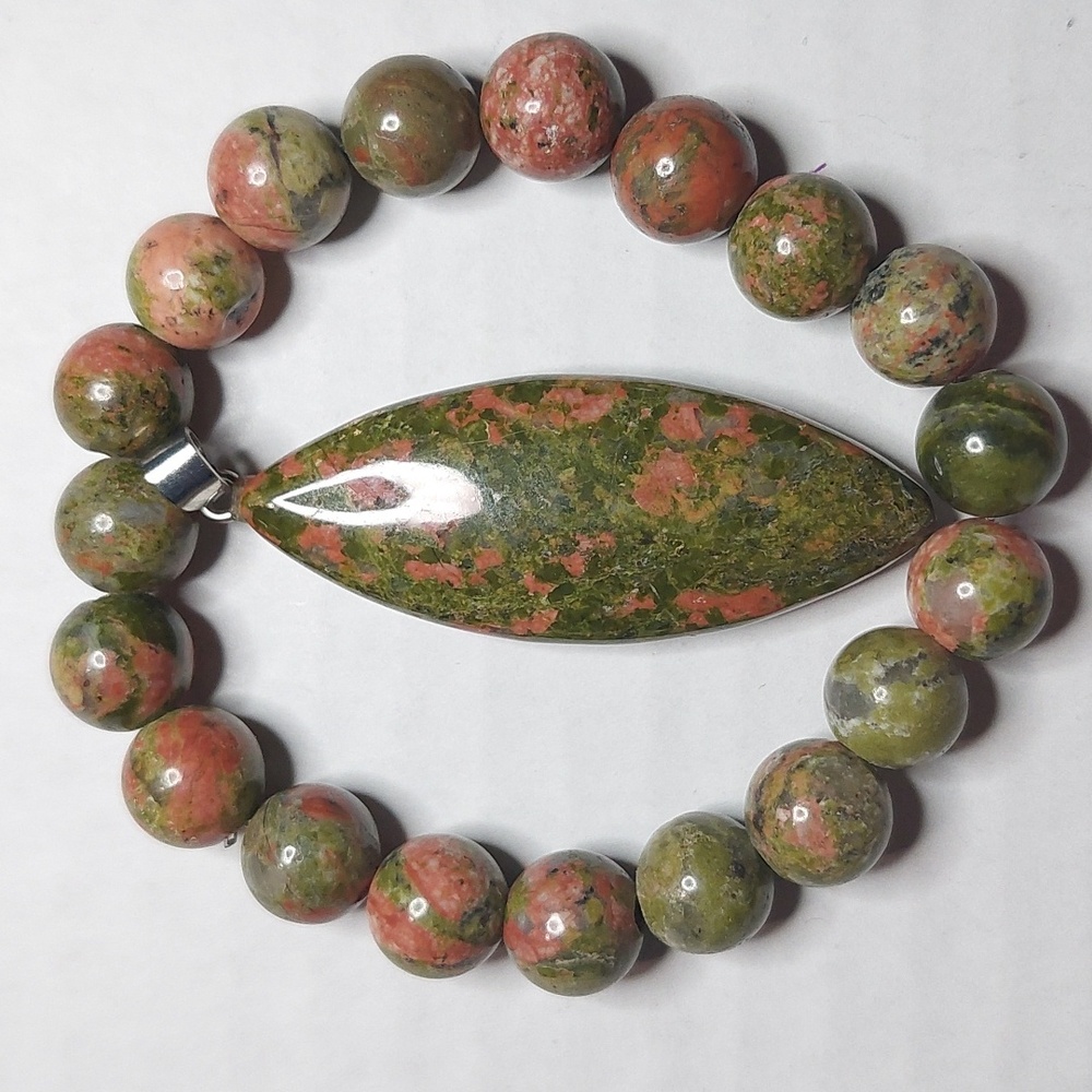 Unakite stone pendant and Unakite stone 10mm bead bracelet bundle